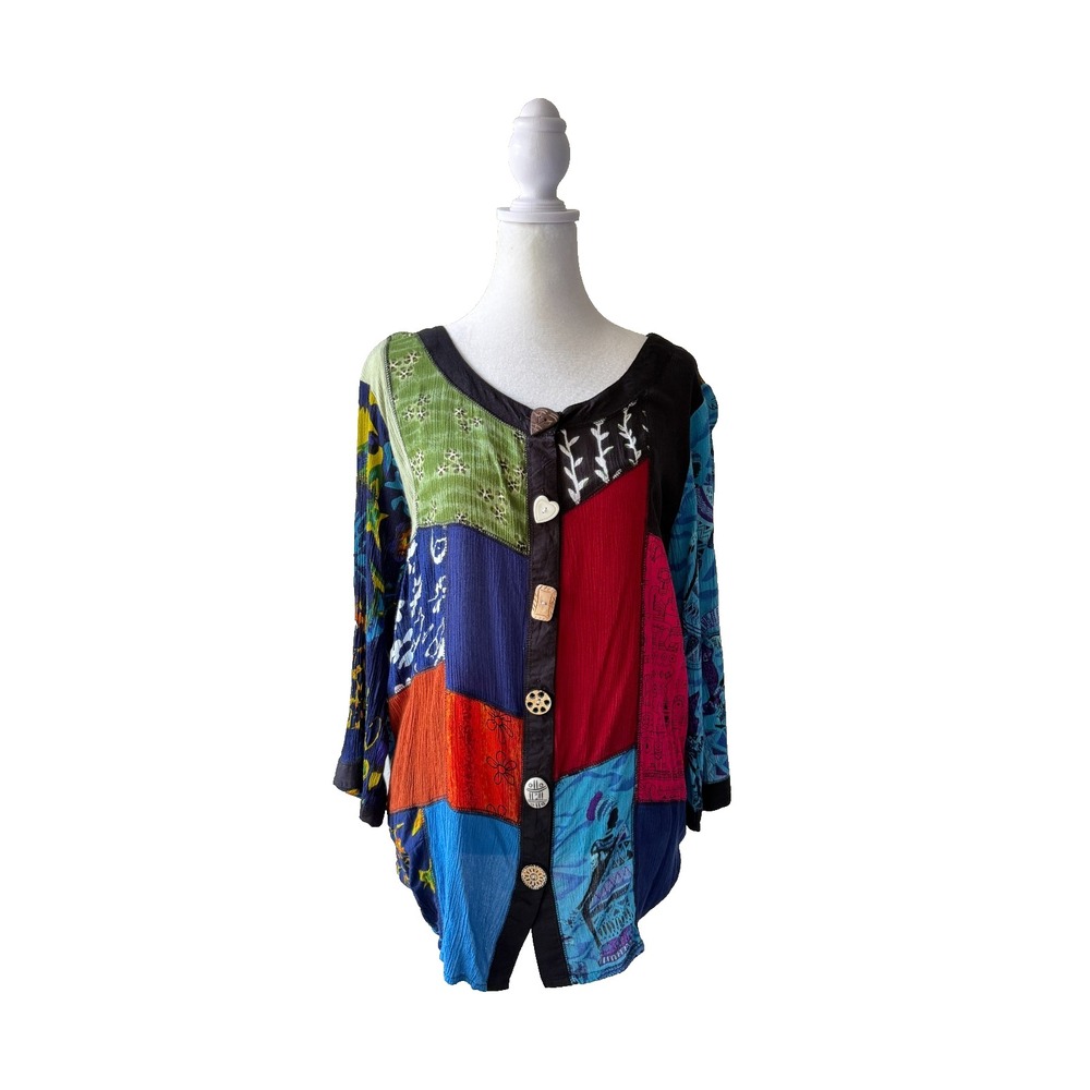 La Cera Boho Patchwork Blouse Women's M Multicolor Artsy‎ Button Front Rayon Top